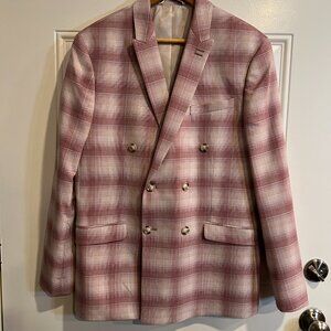 Topman Pink and White Plaid Double Breasted Jacket, Men's 40R